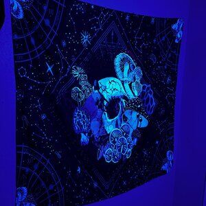 Skeleton skull mushroom stary night calendar blacklight Tapestry wall hanging